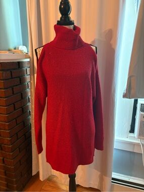 Like New INC Sparkly Red Cold-Shoulder Turtleneck Tunic Sweater sz S